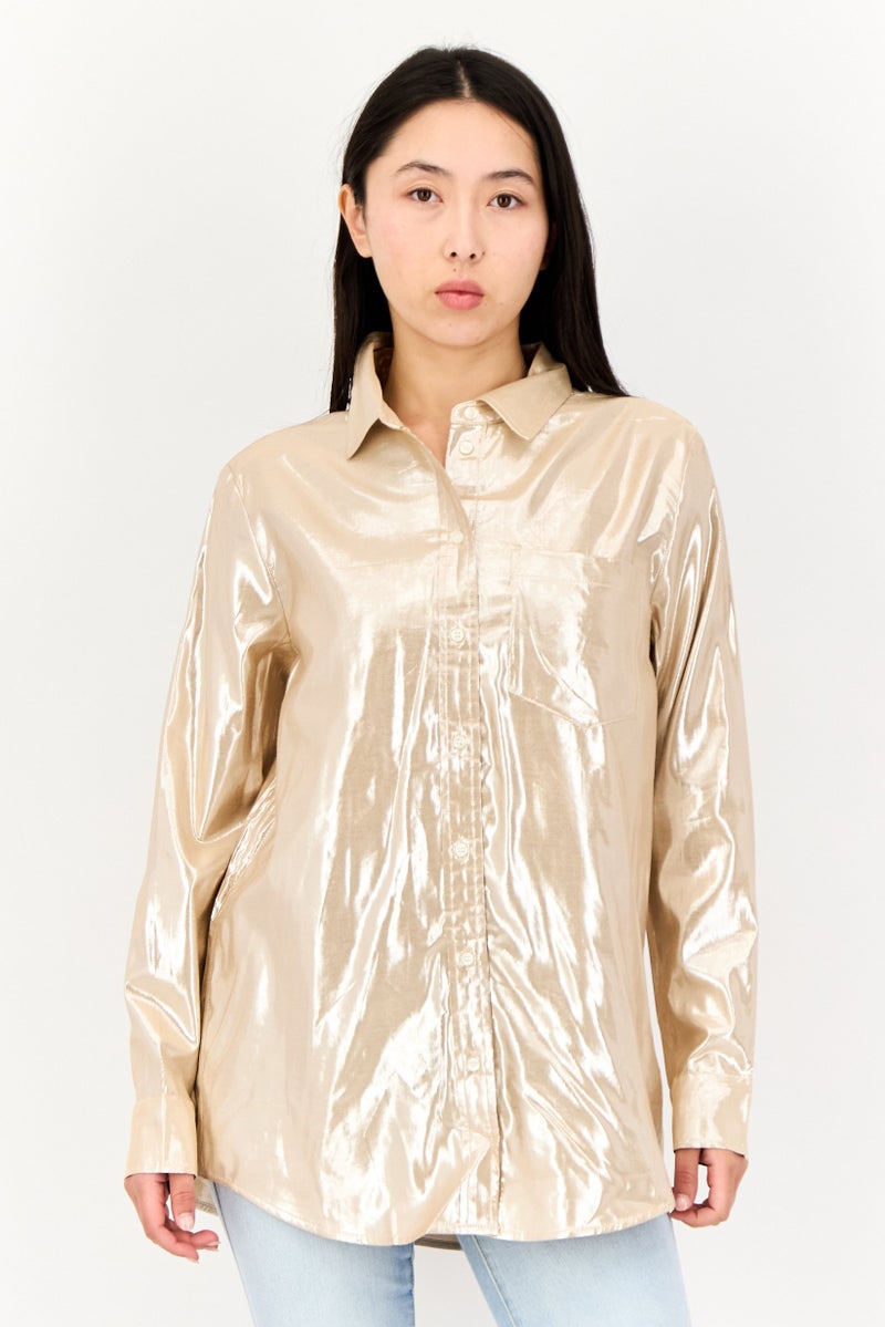 GAP Women Pointed Collar Long Sleeve Metallic Shirt, Gold - Image 1
