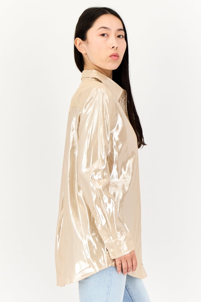 GAP Women Pointed Collar Long Sleeve Metallic Shirt, Gold - Image 2