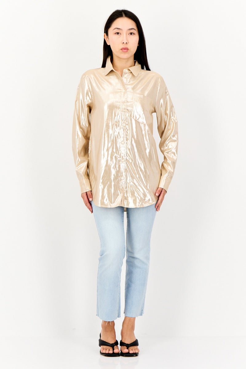 GAP Women Pointed Collar Long Sleeve Metallic Shirt, Gold - Image 4