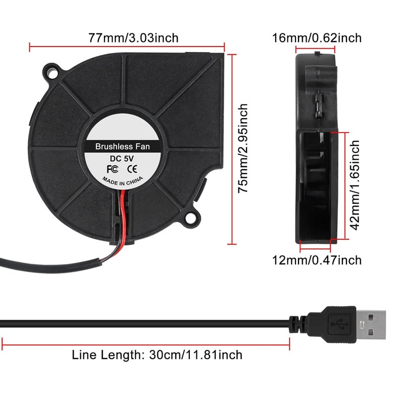 شوتاو 4 قطع مروحة USB 75 مم 75 مم × 15 مم مروحة توربو تبريد 5 فولت 7515 مروحة كمبيوتر صغيرة بدون فرشاة تيار مستمر لتبريد طابعة ثلاثية الأبعاد، تبريد إلكترونيات، مشاريع تبريد أجهزة تنقية الهواء DIY - Image 5