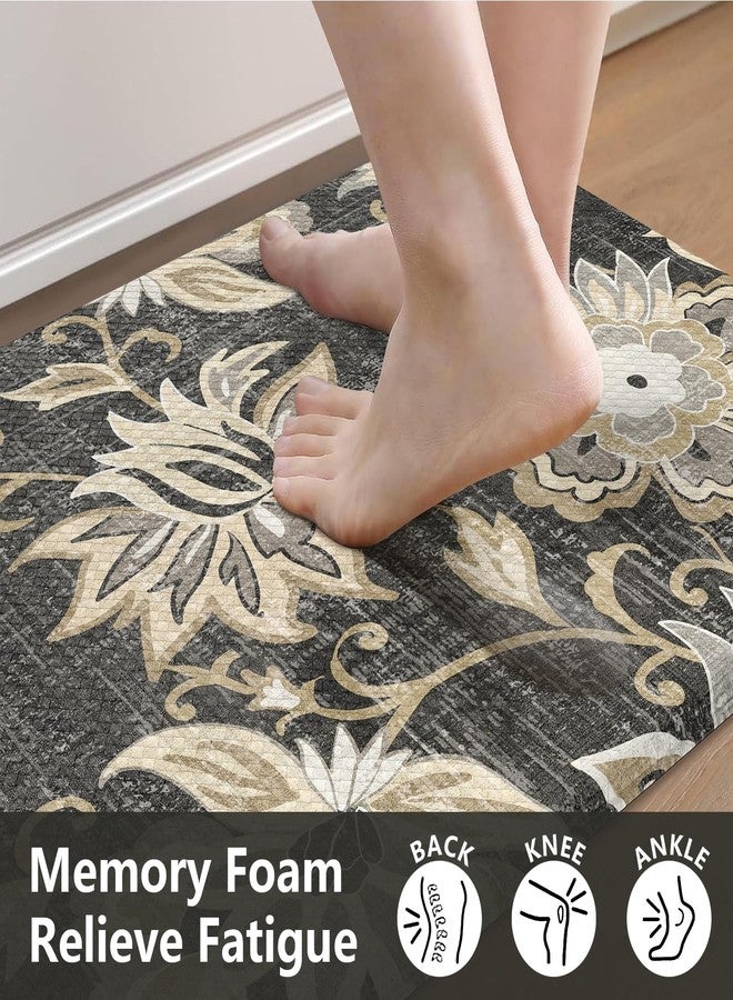 LEEVAN Anti Fatigue Mats for Kitchen Floor 2 Piece,Cushioned Memory Foam Black Kitchen Mats for Floor,Comfort Floral Boho Non Slip Kitchen Floor Mat for Sink,Laundry,Office(17''x29''+17''x47'') - Image 2
