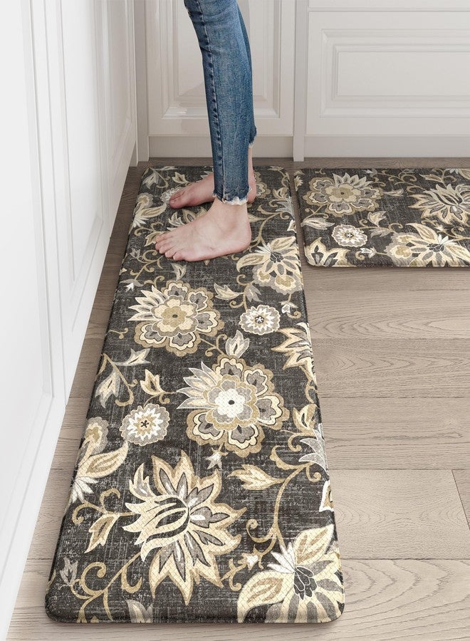 LEEVAN Anti Fatigue Mats for Kitchen Floor 2 Piece,Cushioned Memory Foam Black Kitchen Mats for Floor,Comfort Floral Boho Non Slip Kitchen Floor Mat for Sink,Laundry,Office(17''x29''+17''x47'') - Image 1