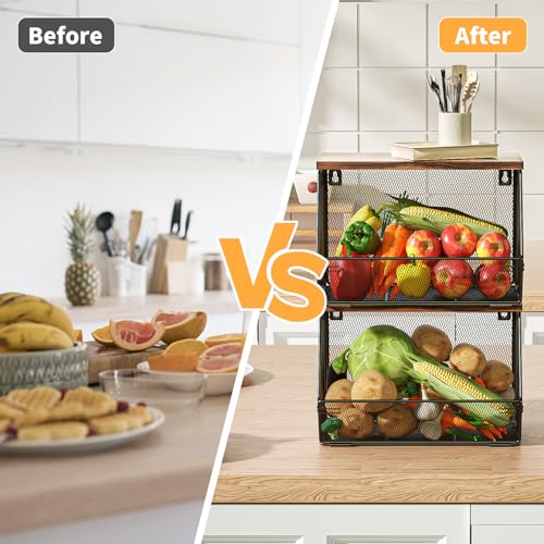 Litwaro Stackable Fruit Basket for Kitchen Countertop Space Saving, Wall Mounted Mesh Metal Wire Baskets with Wood Lid Extra Storage, 2 Pack Kitchen Counter Organizer for Snack, Onion and Potato Storage - Image 2