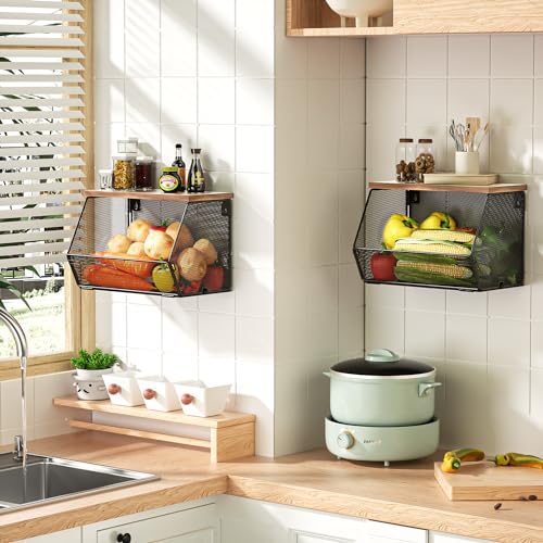 Litwaro Stackable Fruit Basket for Kitchen Countertop Space Saving, Wall Mounted Mesh Metal Wire Baskets with Wood Lid Extra Storage, 2 Pack Kitchen Counter Organizer for Snack, Onion and Potato Storage - Image 3
