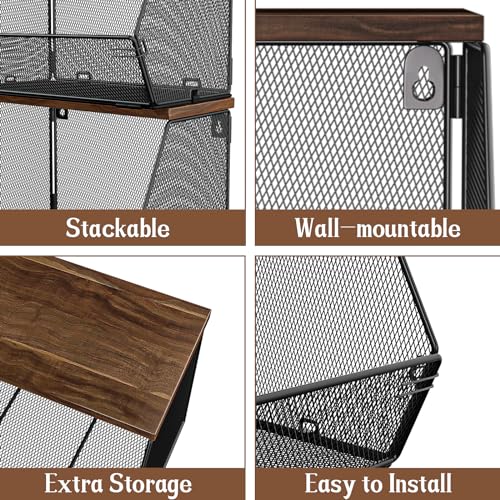 Litwaro Stackable Fruit Basket for Kitchen Countertop Space Saving, Wall Mounted Mesh Metal Wire Baskets with Wood Lid Extra Storage, 2 Pack Kitchen Counter Organizer for Snack, Onion and Potato Storage - Image 4
