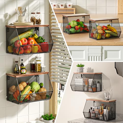 Litwaro Stackable Fruit Basket for Kitchen Countertop Space Saving, Wall Mounted Mesh Metal Wire Baskets with Wood Lid Extra Storage, 2 Pack Kitchen Counter Organizer for Snack, Onion and Potato Storage - Image 5