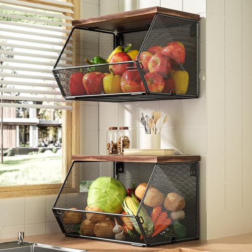 Litwaro Stackable Fruit Basket for Kitchen Countertop Space Saving, Wall Mounted Mesh Metal Wire Baskets with Wood Lid Extra Storage, 2 Pack Kitchen Counter Organizer for Snack, Onion and Potato Storage - Image 1