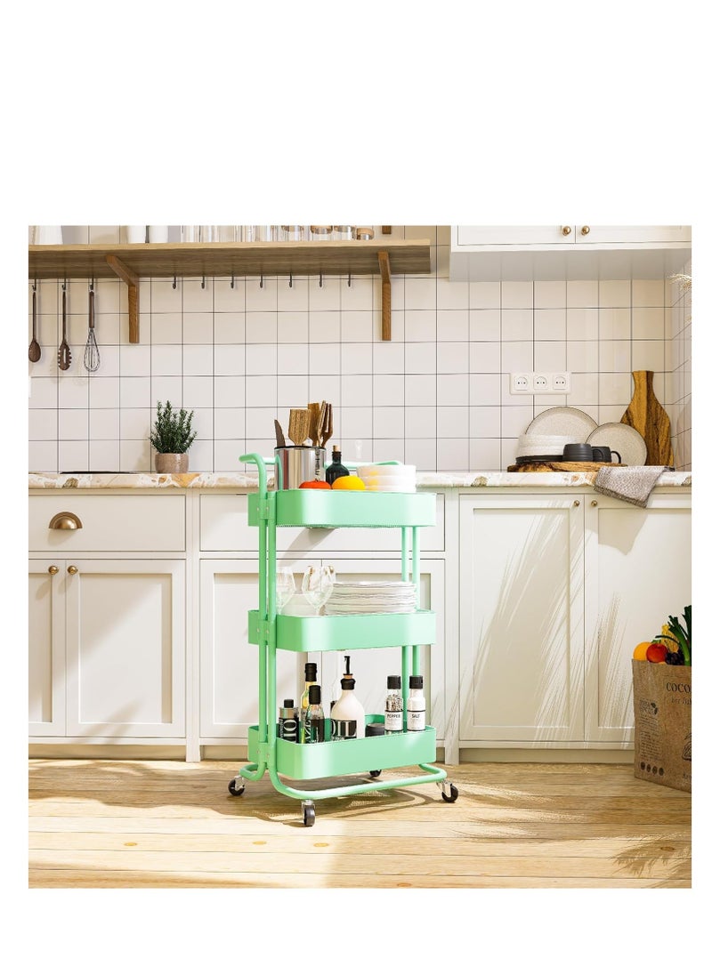 PENG GENERAL 3 Tier Rolling Utility Cart with Handles and Lockable Wheels Green  - Image 3