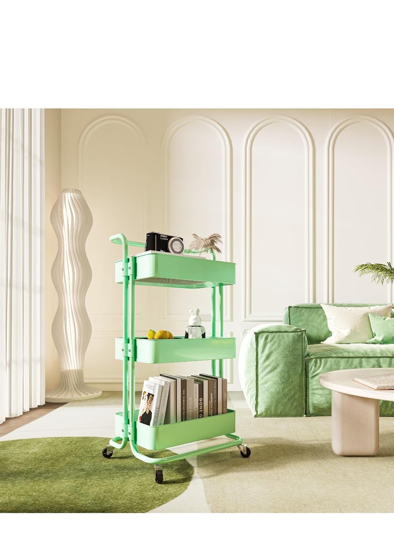 PENG GENERAL 3 Tier Rolling Utility Cart with Handles and Lockable Wheels Green  - Image 4