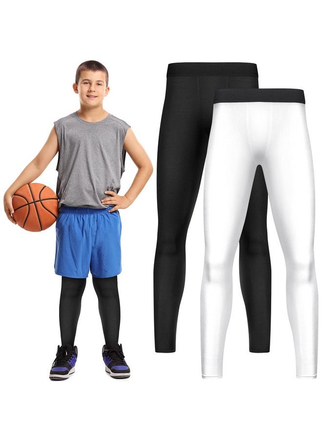 Haysandy - Boys' Compression Leggings 2 Pack Athletic Tights Basketball Compression Pants Boys Sport Leggings (Black, White, Medium) - Image 1