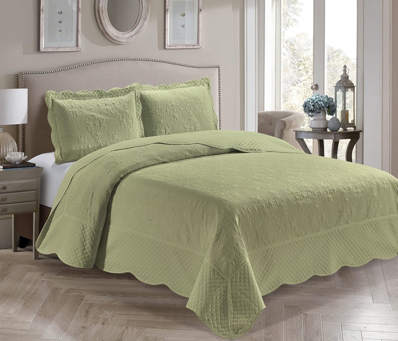 Home Collection Home Collection 3 Piece Over Size Embossed Solid Color Coverlet Bedspread New  Veronica Sage Green FullQueen 
