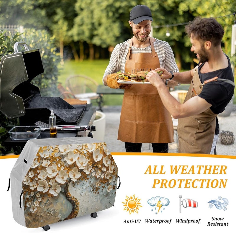 senya Premium Grill Cover Waterproof White Flower Tree Oil Painting Barbecue Cover Fade Resistant BBQ Cover Heavy Duty Fits Grill Widths Up to 25 in - Image 5