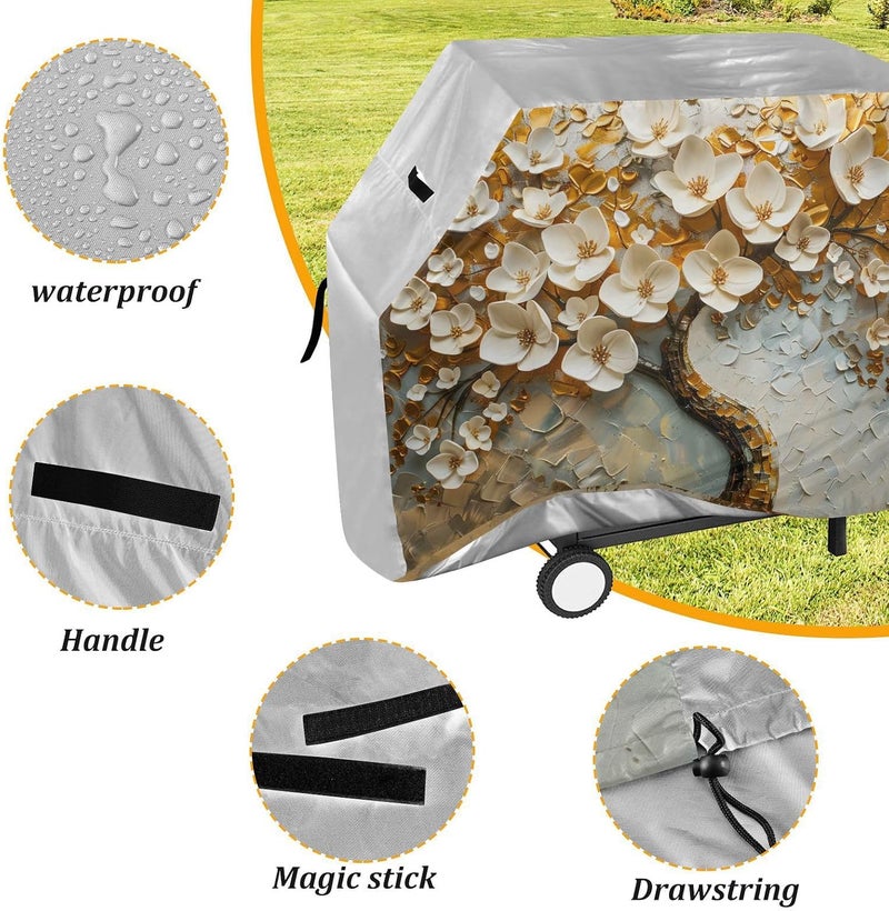 senya Premium Grill Cover Waterproof White Flower Tree Oil Painting Barbecue Cover Fade Resistant BBQ Cover Heavy Duty Fits Grill Widths Up to 25 in - Image 4
