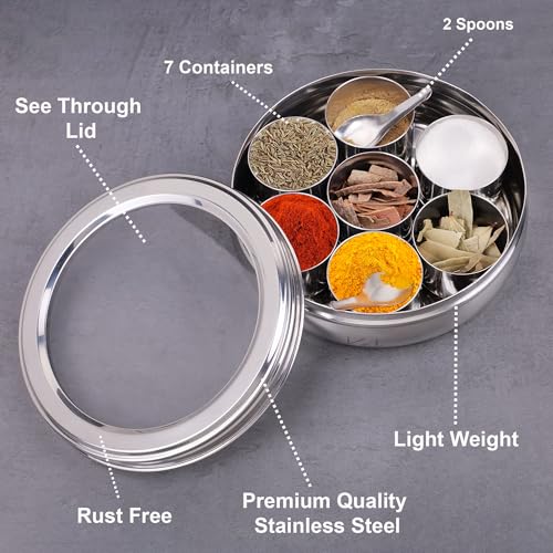 inKitch Stainless Steel Belly Shape Kitchen Spice Box | Masala Container | Masala Dani with Individual See Through lid with 7 Containers and Small Spoon/Medium - Image 5