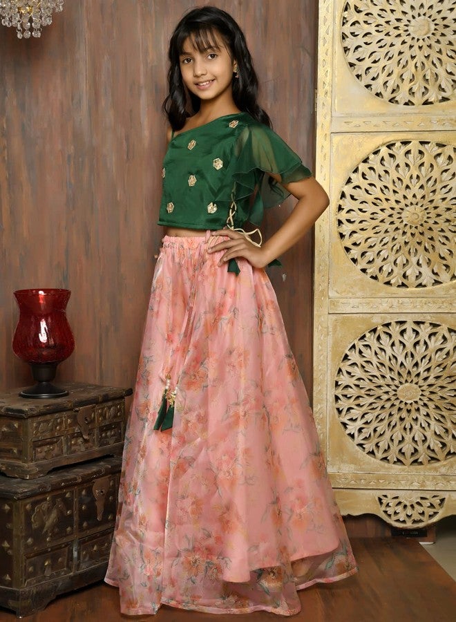 LILPICKS Girls One Shoulder Choli with Floral Lehenga Set (Green Pink) (15-16Y) - Image 4