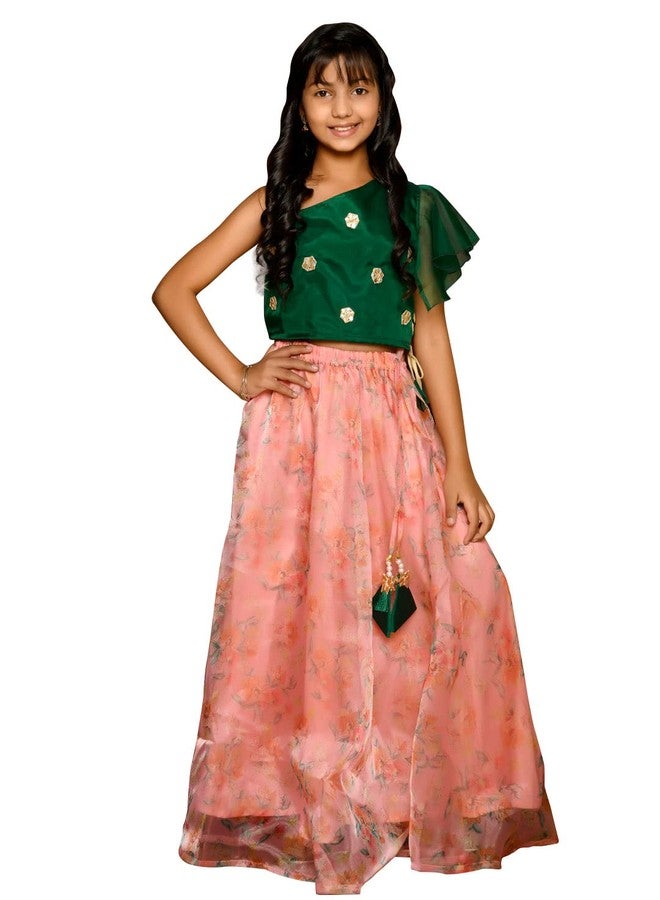 LILPICKS Girls One Shoulder Choli with Floral Lehenga Set (Green Pink) (15-16Y) - Image 1
