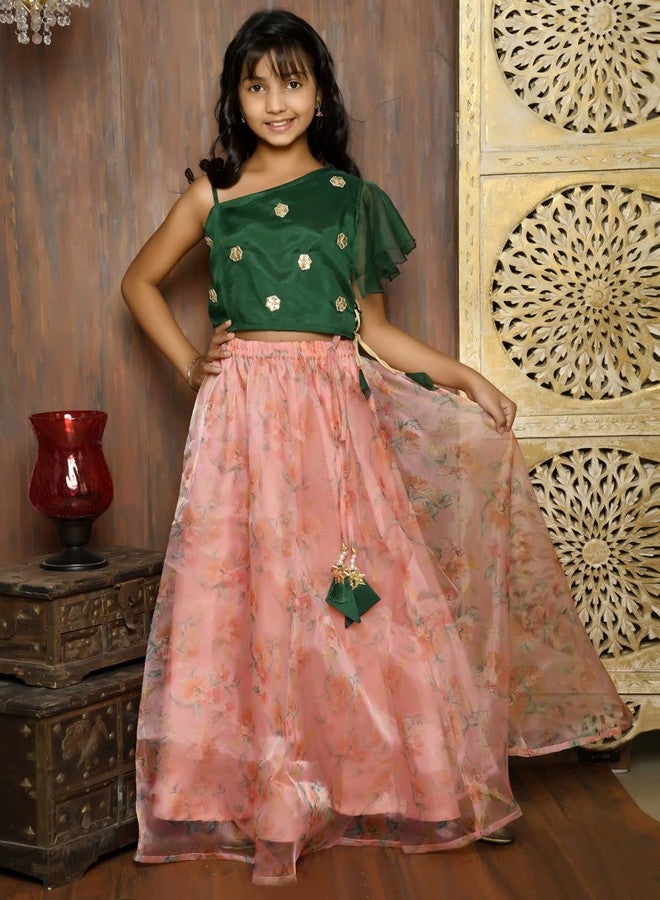 LILPICKS Girls One Shoulder Choli with Floral Lehenga Set (Green Pink) (15-16Y) - Image 3