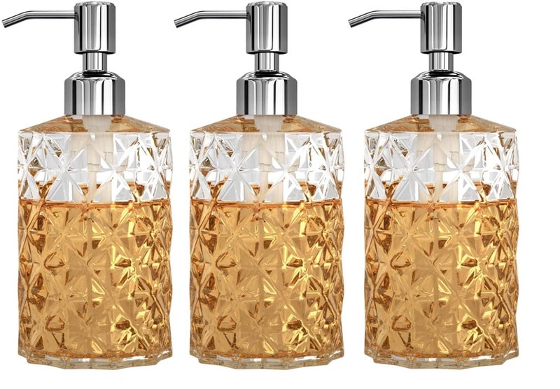 Luximal Pack of 3 Clear Glass Soap Dispenser Set for Bathroom, Wash Basin, Shampoo, Kitchen, Liquid Handwash Soap Dispenser Bottle with Premium ABS Plastic Pump - 400 ML (19 x 7 CM, Crystal Design) - Image 1