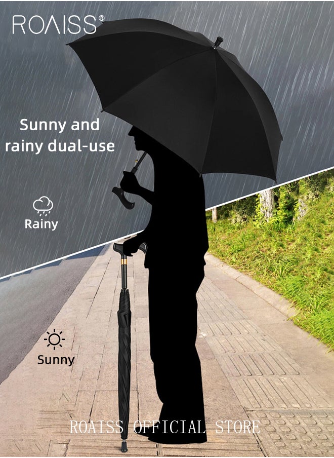 roaiss 8 Rib Multifunctional Crutch Umbrella Long Handle Climbing Umbrella with Full Carbon Fiber Wind Resistant and Anti Rust Umbrella Ribs Elderly Dual Purpose Umbrella for Rain and Shine  - Image 2
