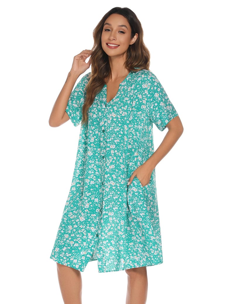 YOZLY House Dress Women Cotton Duster Robe Short Sleeve Housecoat Button Down Nightgown Green X-Large - Image 4