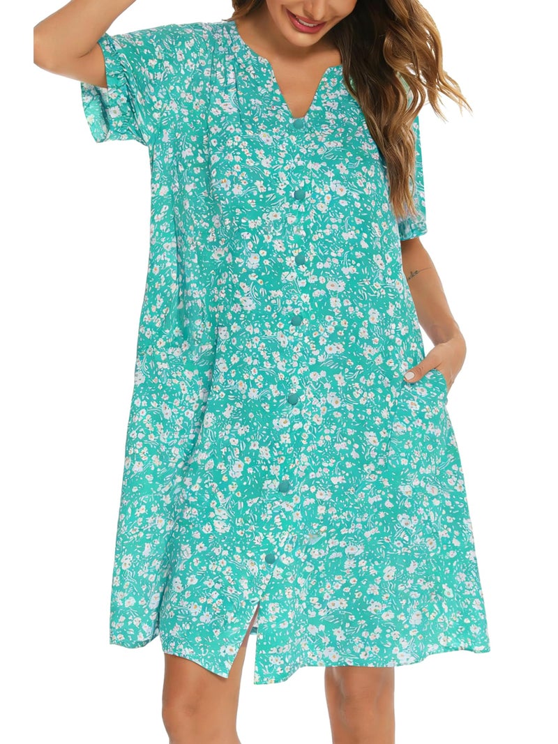 YOZLY House Dress Women Cotton Duster Robe Short Sleeve Housecoat Button Down Nightgown Green X-Large - Image 1