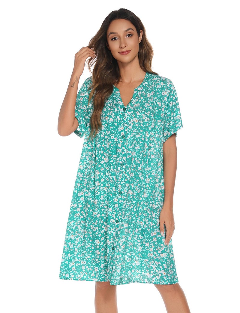 YOZLY House Dress Women Cotton Duster Robe Short Sleeve Housecoat Button Down Nightgown Green X-Large - Image 5