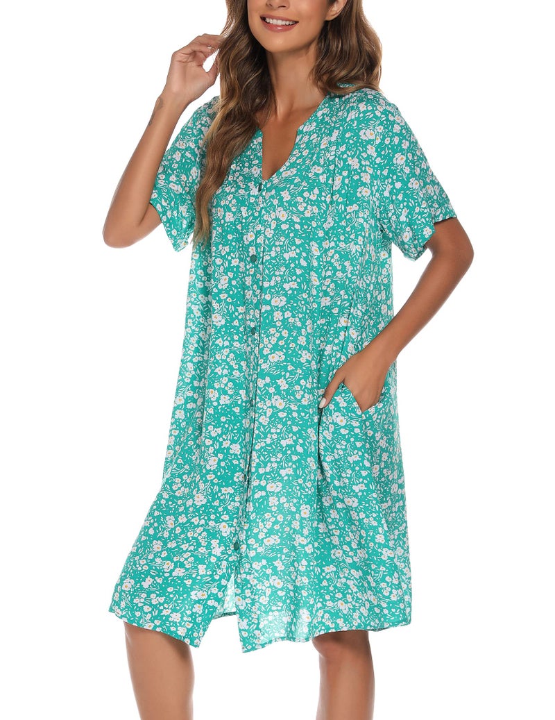 YOZLY House Dress Women Cotton Duster Robe Short Sleeve Housecoat Button Down Nightgown Green X-Large - Image 3