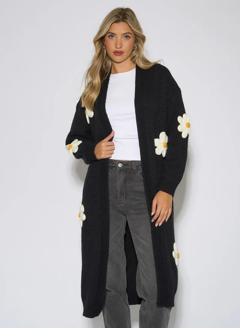 Black 3D Daisy Flower Longline Cardigan