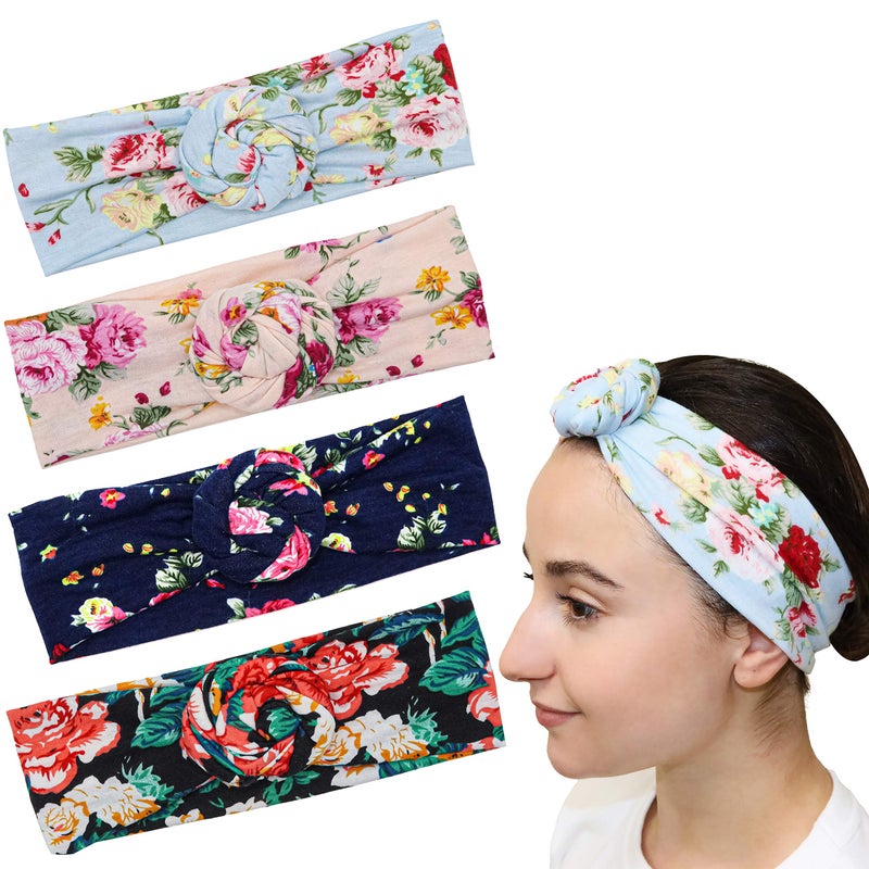 FROG SAC 4 Floral Headbands for Girls Stretch Flower Headwraps for Teens Soft Rose Bun Headband for Women Cute Comfortable Fashion Head Bands