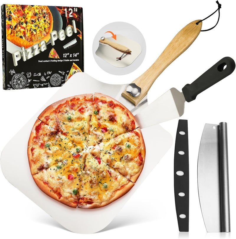 AGIgear Aluminum Pizza Spatula Set,12x14 Inch Metal Pizza Peel with Foldable Wooden Handle,Pizza Spatula with 14" Rocker Cutter,Pizza Server,for Family Pizza Oven Baking Pizza,Dough,Bread & Pastry - Image 1