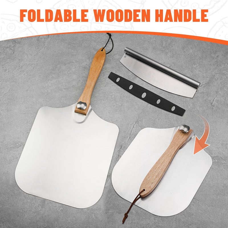 AGIgear Aluminum Pizza Spatula Set,12x14 Inch Metal Pizza Peel with Foldable Wooden Handle,Pizza Spatula with 14" Rocker Cutter,Pizza Server,for Family Pizza Oven Baking Pizza,Dough,Bread & Pastry - Image 5