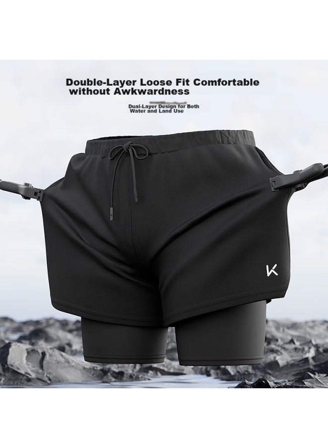 Keep Men's Swim Trunks, Anti-embarrassment Double-layer Loose Swimming Trunks, Swimming Goggles, Swim Cap, Swim Trunks Set, Black Three-piece Set, Xxxl - Image 4