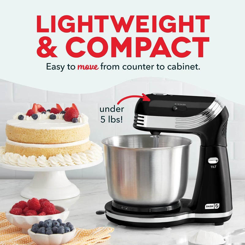Dash Stand Mixer (Electric Mixer for Everyday Use): 6 Speed Stand Mixer with 3 qt Stainless Steel Mixing Bowl, Dough Hooks & Mixer Beaters for Dressings, Frosting, Meringues & More - Black - Image 2