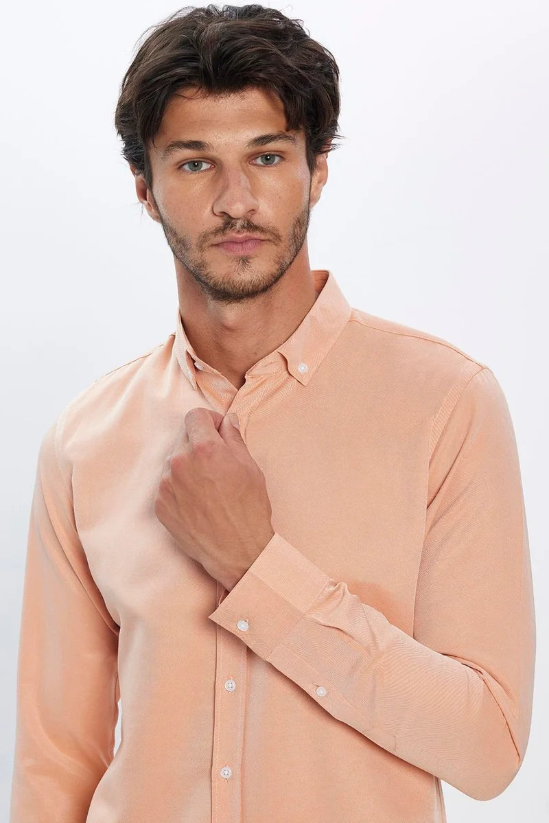 Tudors Men's Slim Fit Slim Fit Cotton Easy Iron Orange Button-Down Collar Shirt