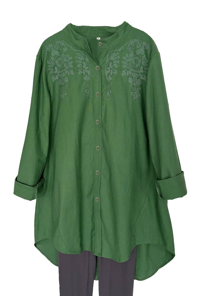 Minibee Womens Cotton Linen Shirt High Low Button Down Embroidered Blouse Long Sleeve Tunic Tops