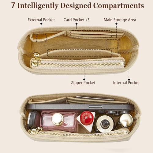 Doxo Purse Organizer Insert for Longchamp Le Pliage XS, Premium Felt Tote Bag Organizer with 7 Compartments and Zippered Pocket (Beige, Mini) - Image 4