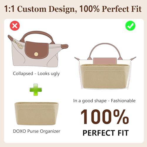 Doxo Purse Organizer Insert for Longchamp Le Pliage XS, Premium Felt Tote Bag Organizer with 7 Compartments and Zippered Pocket (Beige, Mini) - Image 3