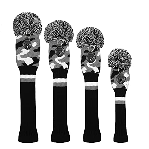 Scott Edward Customized Knit Golf Club Covers 4 Counts for Woods Fit Drivers（460CC） Fairways Hybrids/Utility with Big Pom Pom (Camouflage Black White Stripes) - Image 2