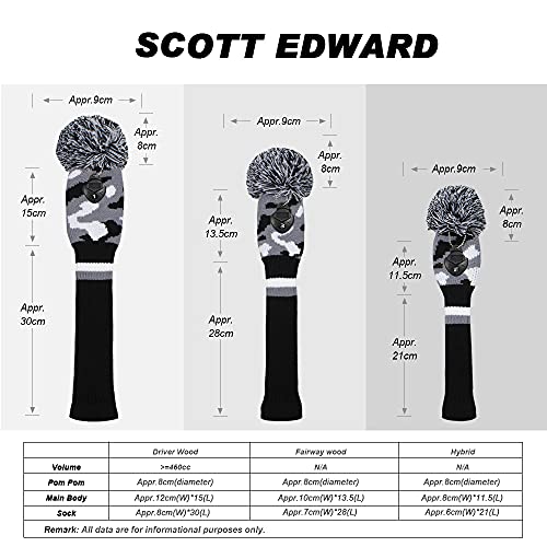 Scott Edward Customized Knit Golf Club Covers 4 Counts for Woods Fit Drivers（460CC） Fairways Hybrids/Utility with Big Pom Pom (Camouflage Black White Stripes) - Image 3