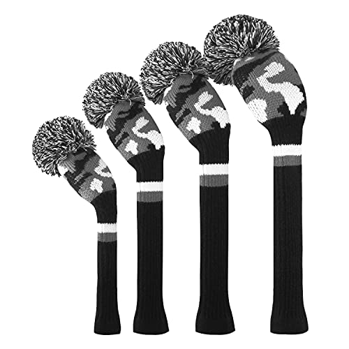 Scott Edward Customized Knit Golf Club Covers 4 Counts for Woods Fit Drivers（460CC） Fairways Hybrids/Utility with Big Pom Pom (Camouflage Black White Stripes) - Image 1