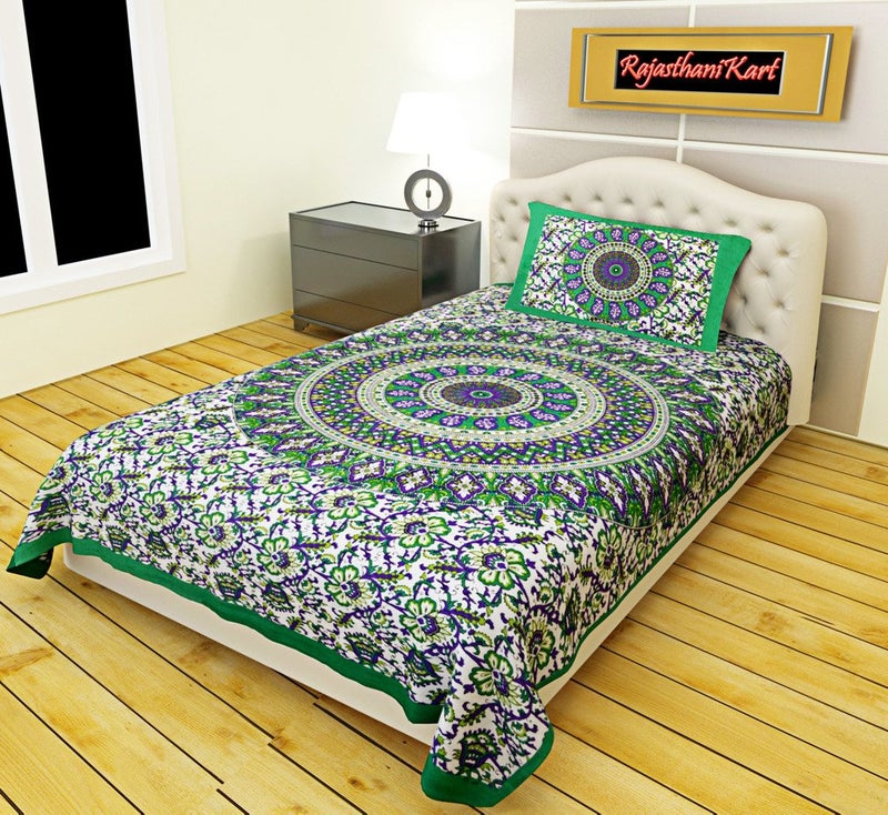 RajasthaniKart راجبستاني كارت® مريحة راجبستاني جايبوري تقليدي طباعة سانغاني 144 TC 100% قطن ملاءة سرير مفرد مع 1 غطاء وسادة (مفرد، أخضر) - Image 1