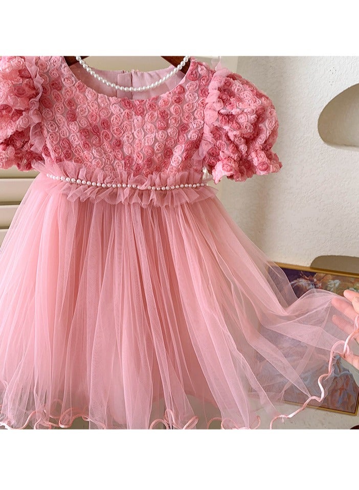 Baby Girl Birthday Party Dress, 4-5 Years, Light Pink Rose Tulle Princess Dress with Pearl Waistband and Puff Sleeves, Special Occasion Toddler Outfit, Elegant Flower Girl Dress for 110cm Height - Image 4
