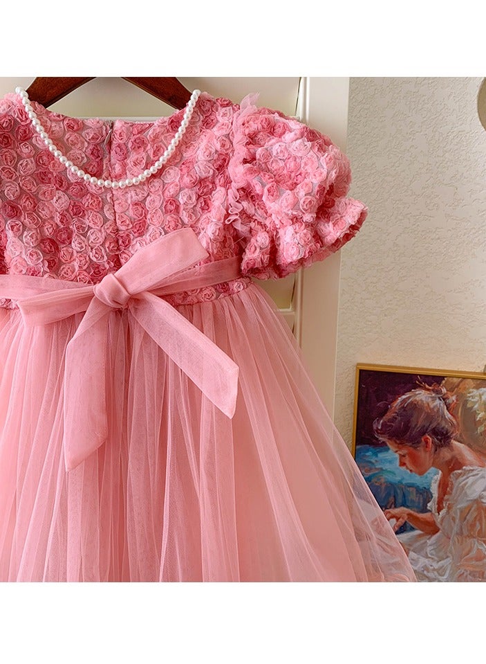 Baby Girl Birthday Party Dress, 4-5 Years, Light Pink Rose Tulle Princess Dress with Pearl Waistband and Puff Sleeves, Special Occasion Toddler Outfit, Elegant Flower Girl Dress for 110cm Height - Image 5