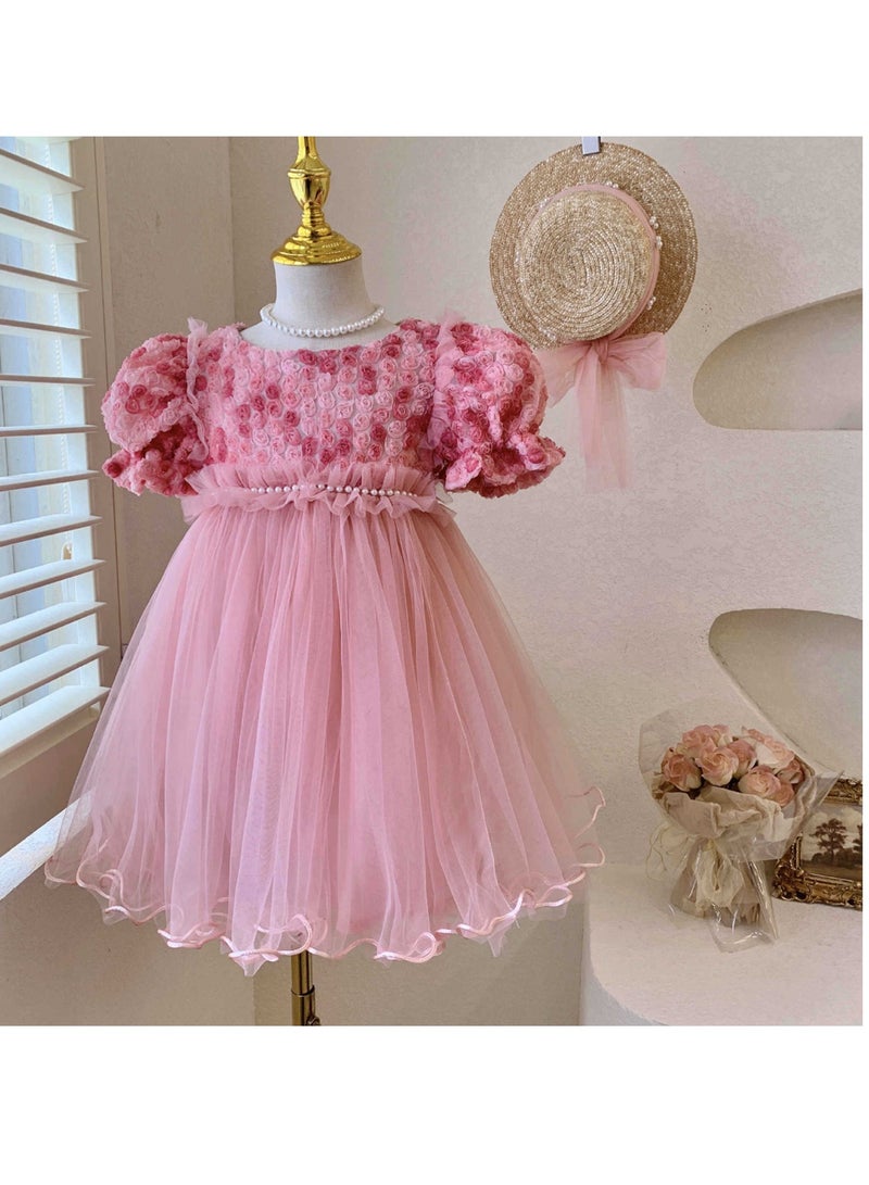 Baby Girl Birthday Party Dress, 4-5 Years, Light Pink Rose Tulle Princess Dress with Pearl Waistband and Puff Sleeves, Special Occasion Toddler Outfit, Elegant Flower Girl Dress for 110cm Height - Image 1