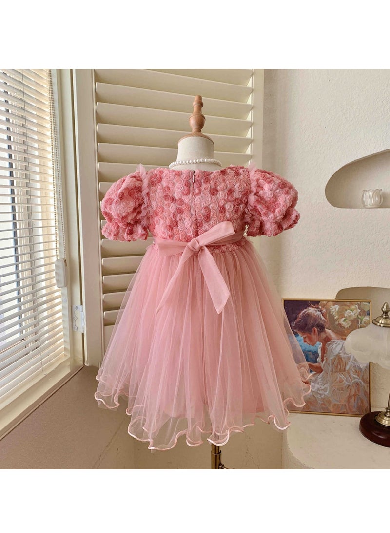 Baby Girl Birthday Party Dress, 4-5 Years, Light Pink Rose Tulle Princess Dress with Pearl Waistband and Puff Sleeves, Special Occasion Toddler Outfit, Elegant Flower Girl Dress for 110cm Height - Image 2