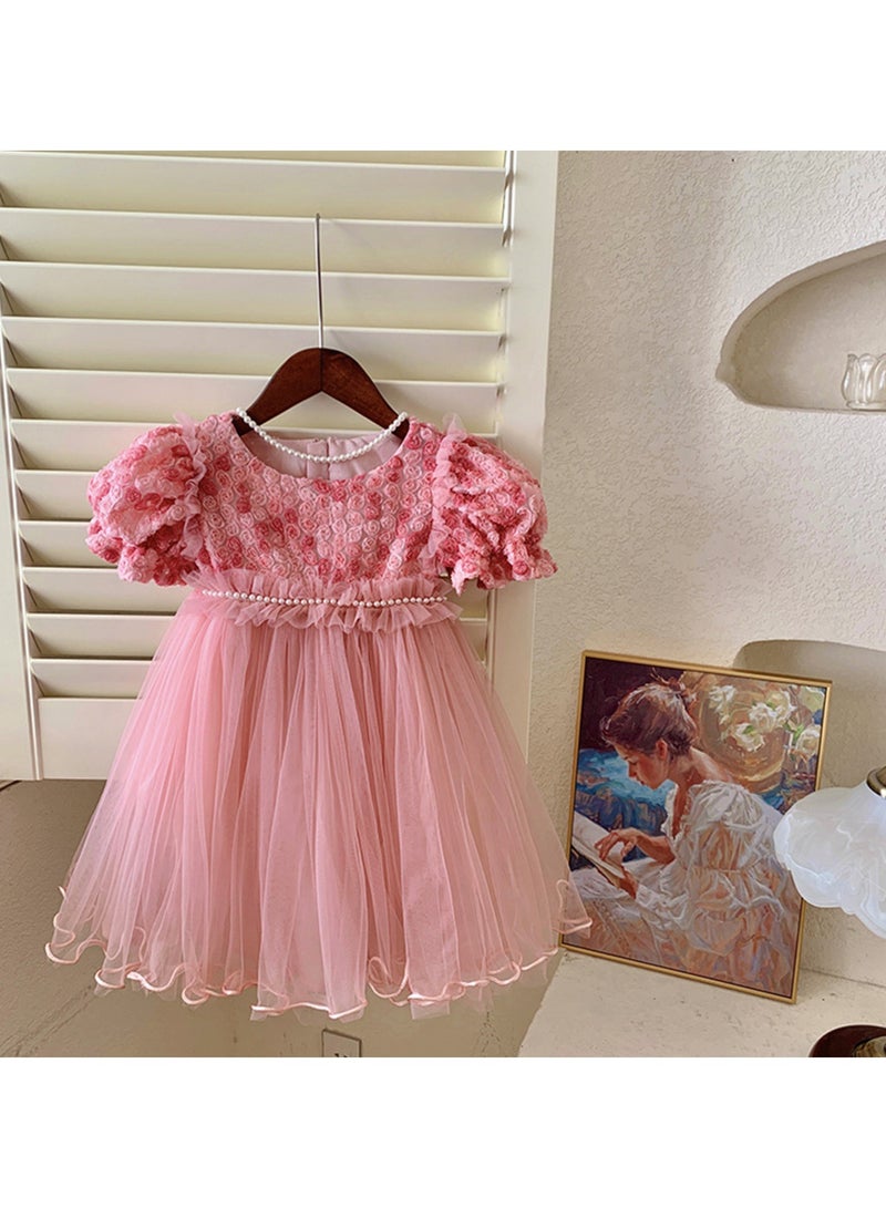 Baby Girl Birthday Party Dress, 4-5 Years, Light Pink Rose Tulle Princess Dress with Pearl Waistband and Puff Sleeves, Special Occasion Toddler Outfit, Elegant Flower Girl Dress for 110cm Height - Image 3