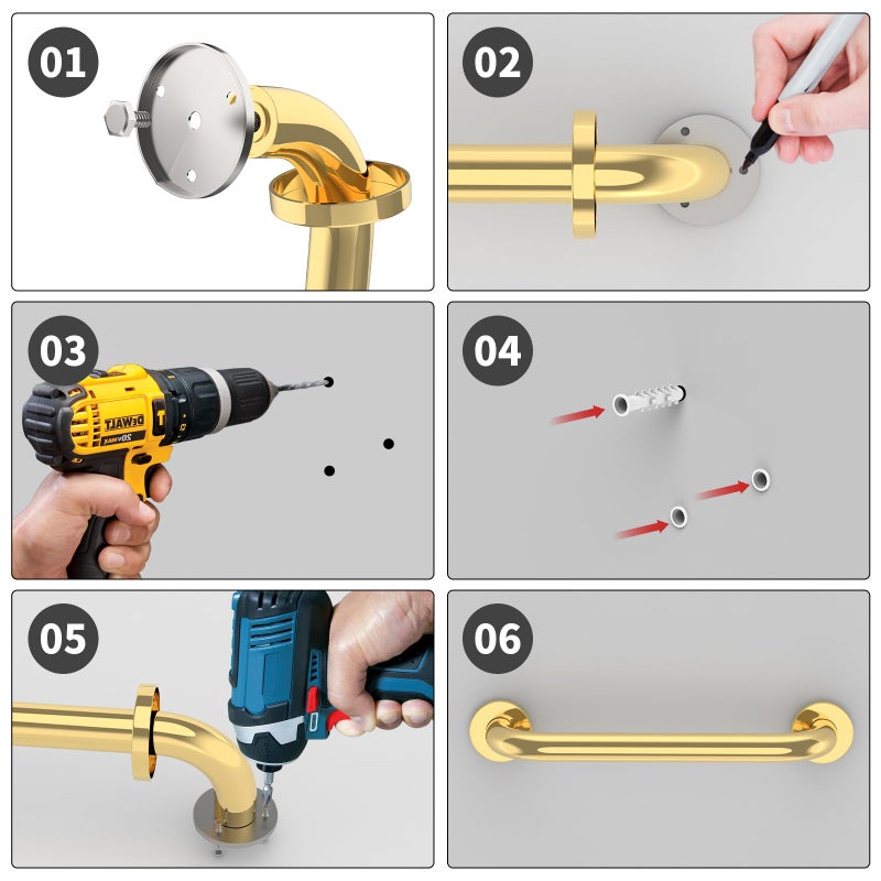 ZUEXT 12 Inch Stainless Steel Shower Grab Bar, ZUEXT Gold Shower Handle, Bathroom Balance Bar, Safety Hand Rail Support Bar for Handicap Elderly Injury, Senior Assist Bath Tub Wall Concealed Mount Handle - Image 5