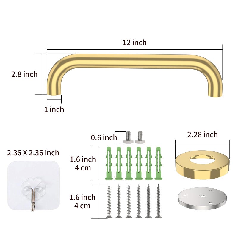 ZUEXT 12 Inch Stainless Steel Shower Grab Bar, ZUEXT Gold Shower Handle, Bathroom Balance Bar, Safety Hand Rail Support Bar for Handicap Elderly Injury, Senior Assist Bath Tub Wall Concealed Mount Handle - Image 2