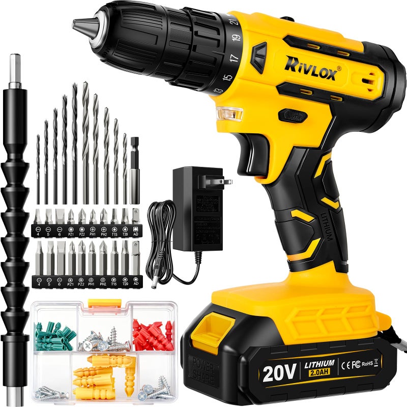Rivlox 20V Cordless Drill/Driver, 2 Batteries Electric Screwdriver, - Image 1