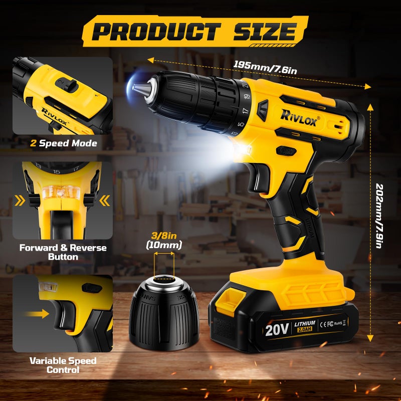 Rivlox 20V Cordless Drill/Driver, 2 Batteries Electric Screwdriver, - Image 2